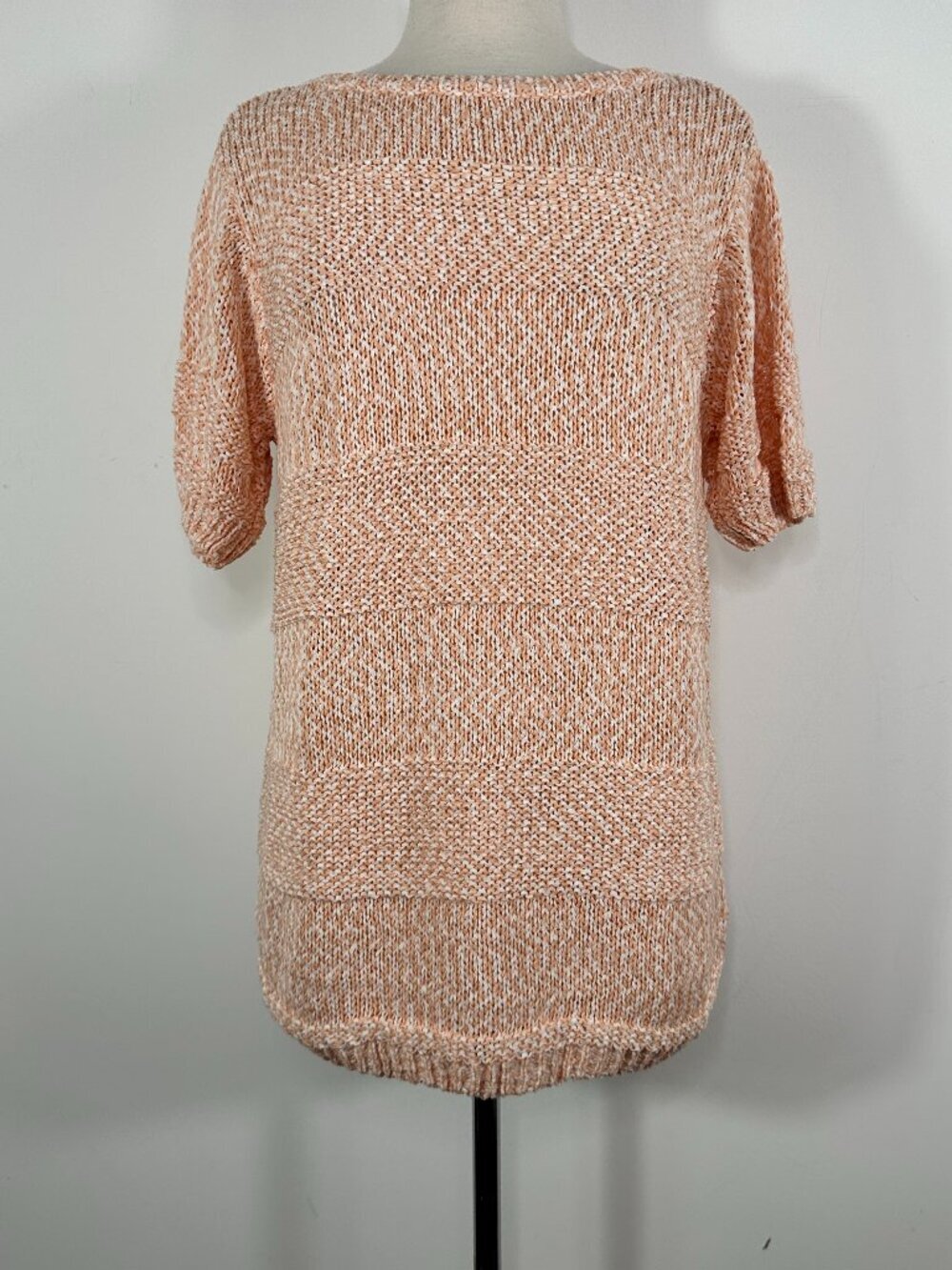 NWT LAFAYETTE 148 Peach / White Short Sleeve Knit Top Cotton Blend Women's Sz L
